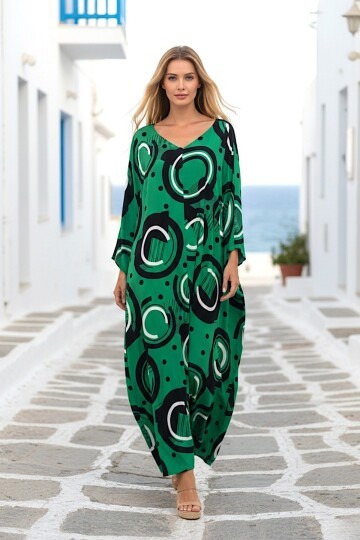 1067 Kadın Yeşil V Yaka Desenli Standart Beden Elbise