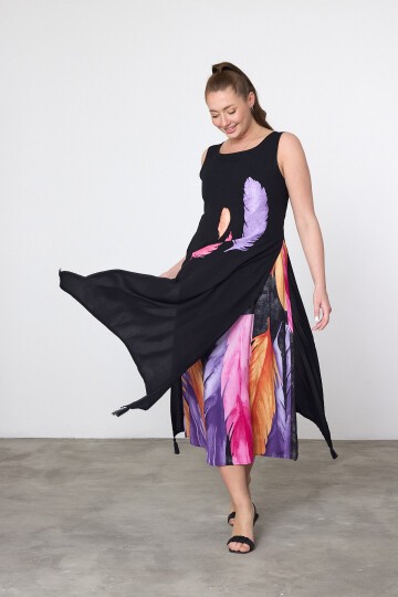 2025 Siyah Mor Kuş Tüyü Baskılı Astarlı Viskon Elbise