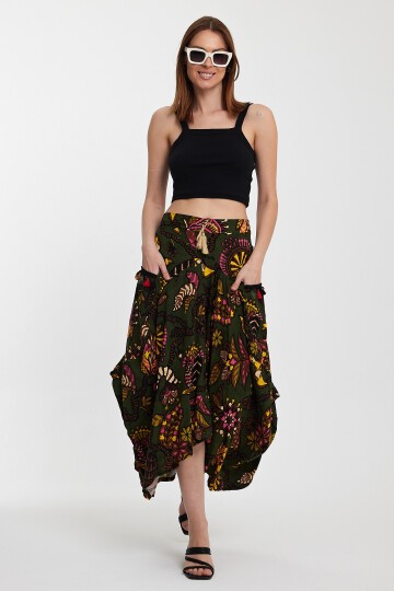 2039 Yeşil Otantik Desen Cepli Şalvar Model Etek