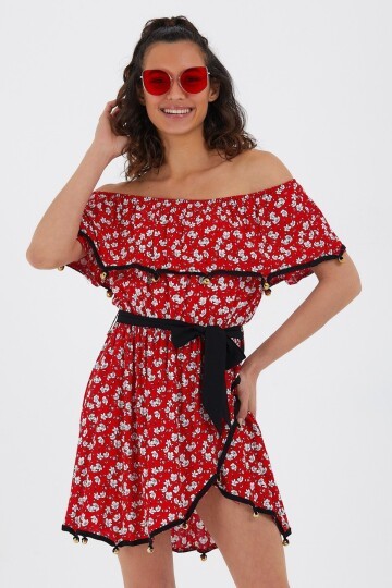 2323 Kırmızı Boncuk Detaylı Elbise