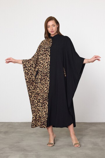 V067 Siyah Leopar Düğme Kapamalı Büyük Beden Gömlek Elbise