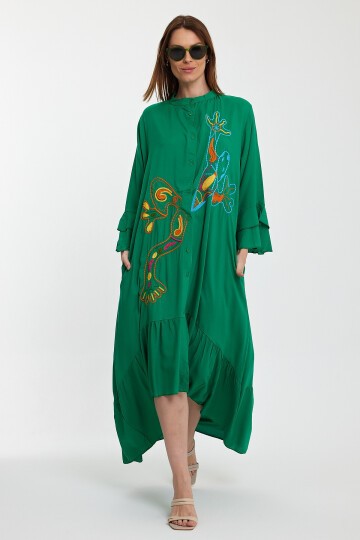 8140 Yeşil Kurbağa Nakışlı Gömlek Elbise