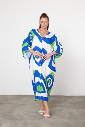 905 Beyaz Yeşil Nazar Boncuğu Temalı Büyük Beden Gömlek Elbise