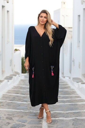 923 Siyah Nakış Detay Büyük Beden Elbise