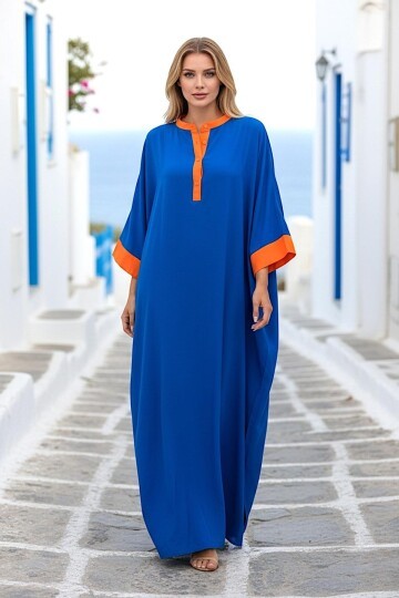 949 Saks Mavisi Sırt Nakış Detaylı Yarım Kapama Büyük Beden Elbise