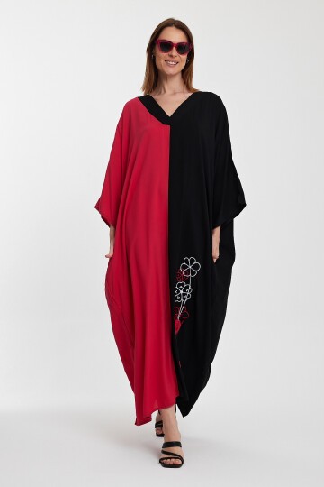 958 Siyah Fuşya V Yaka Büyük Beden Nakış Detaylı Uzun Viskon Elbise