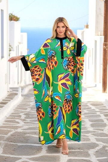 969 Yeşil Floral Desen Büyük Beden Gömlek Elbise