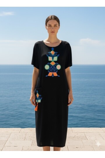 972 Etnik Nakış Detaylı Penye Viskon Elbise