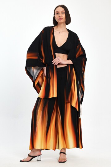 975 Siyah Oranj Alev Desenli Viskon Takım