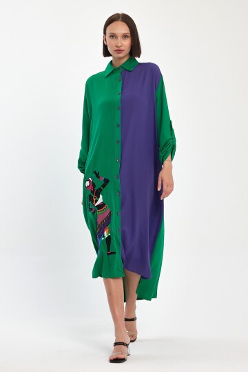991 Yeşil Mor Kadın Figür Nakışlı Viskon Gömlek Elbise
