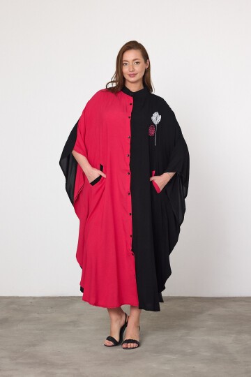 993 Siyah Fuşya Çiçek Nakışlı Büyük Beden Gömlek Elbise