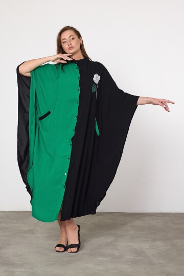 993 Siyah Yeşil Çiçek Nakışlı Büyük Beden Gömlek Elbise