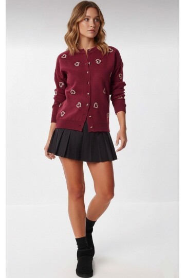 T3245 Bordo Küçük Kalp Detaylı Triko