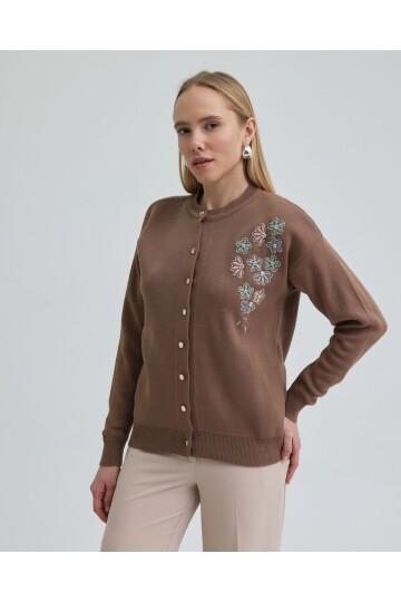 T3264 Kahve Çiçek İşlemeli Triko Ceket