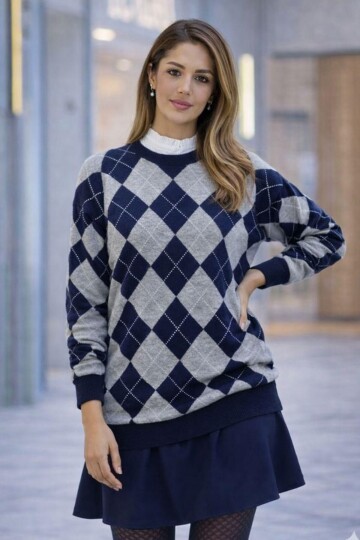 T3299 Grı-Lacivert Baklava Desenli Triko