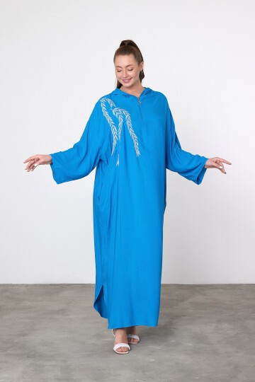 V037 Turkuaz Yarım Fermuarlı Kapüşonlu Viskon Elbise