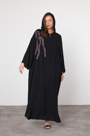 V037 Siyah Yarım Fermuarlı Kapüşonlu Viskon Elbise