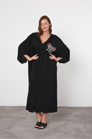 V048 Kelebek Nakış Detaylı Büyük Beden Gömlek Elbise