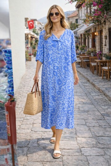 V052 Kadın Kollu Desenli Elbise