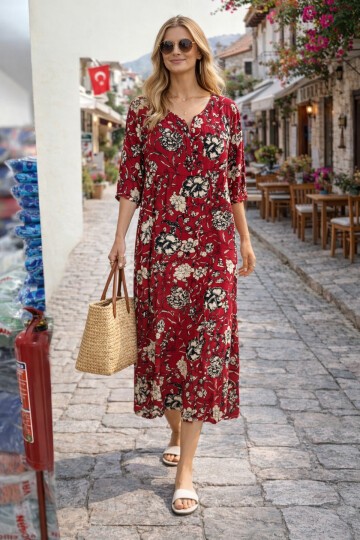 V052 Kadın Kollu Desenli Elbise