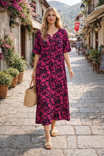 V052 Kadın Kollu Desenli Elbise