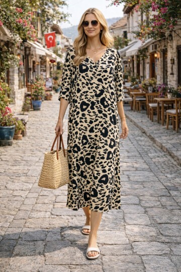 V052 Kadın Kollu Desenli Elbise