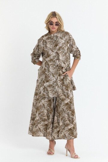 V053 Kahverengi Yaprak Desen Gömlek Pantolon Takım