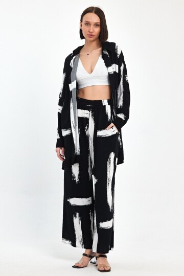 V055 Siyah Beyaz Fırça Desen Gömlek Pantolon Takım