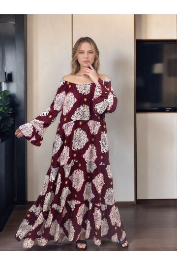 V071Bordo Desenli Madonna Yaka Elbise