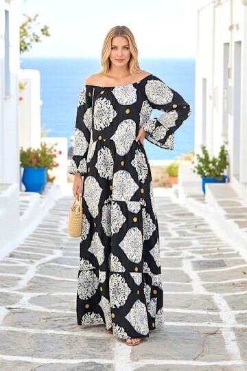 V071 Siyah Desenli Madonna Yaka Elbise