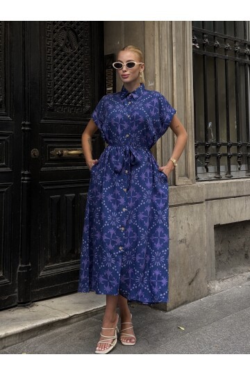 V083 Lacivert Mor Desenli Kuşak Detaylı Gömlek Elbise
