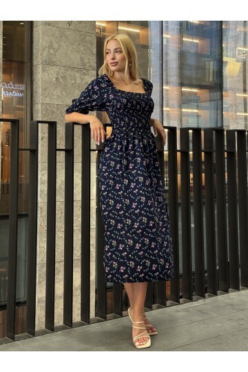 V095 Kadın Kare Yaka Gipeli Desenli Viskon Elbise