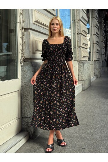 V095 Kadın Kare Yaka Gipeli Desenli Viskon Elbise