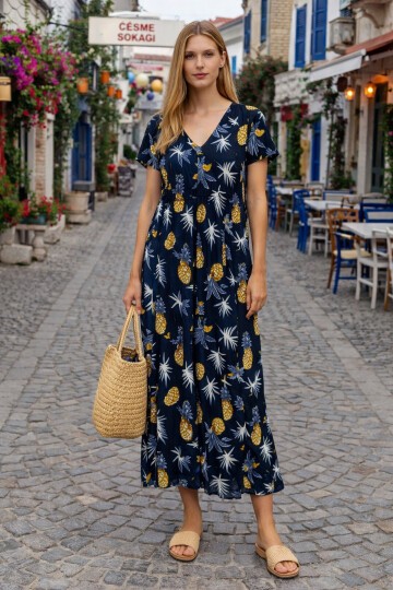 V100 Kadın Kollu V Yaka Elbise 