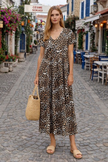 V100 Kadın Kollu V Yaka Elbise 