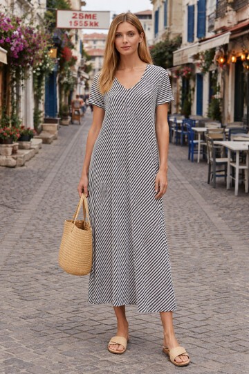 V100 Kadın Kollu V Yaka Elbise 