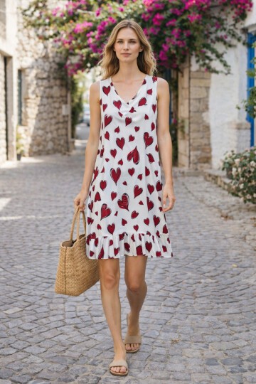 V103 Kadın Askılı V Yaka Eteği Fırfırlı Elbise