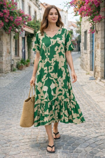 V14 Kadın Kollu Eteği Fırfırlı Elbise