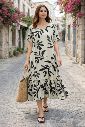 V14 Kadın Kollu Eteği Fırfırlı Elbise