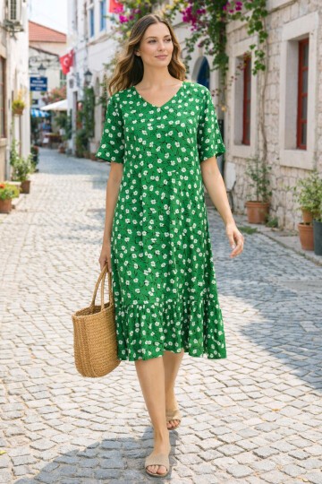 V14 Kadın Kollu Eteği Fırfırlı Elbise