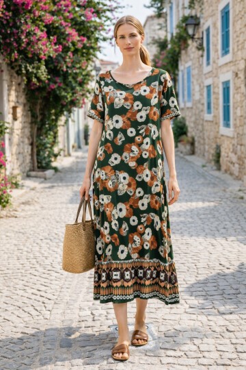 V144 Kadın Kollu Eteği Sulu Elbise