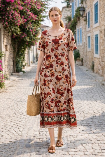 V144 Kadın Kollu Eteği Sulu Elbise