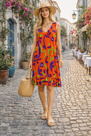 V16 Kadın Askılı Eteği Fırfırlı Elbise