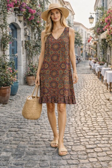 V16 Kadın Askılı Eteği Fırfırlı Elbise