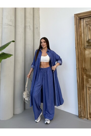 V202 Koyu Denim Düğme Kapamalı Gömlek Pantolon Takım