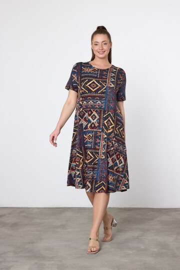 V21 Çiçek Desenli Oval Yaka Kısa Kol Pamuk Penye Elbise