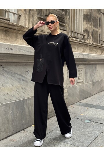 V227 Siyah Nakışlı Oysho Takım