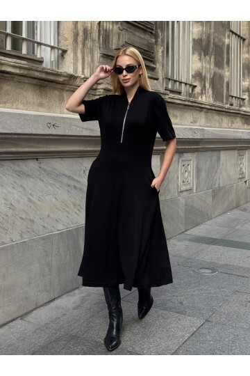 V237 Siyah Fermuarlı Yarım Kol Elbise