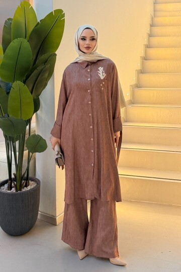 V264 K.Kahve Cep Nakışlı Tensel Takım