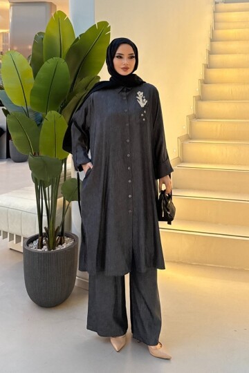 V264 Siyah Cep Nakışlı Tensel Takım